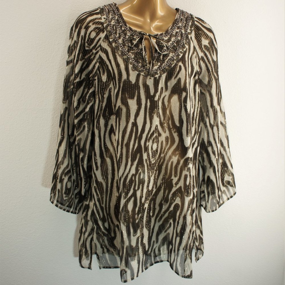 Chicos zebra silk /metallic sheer beaded tunic top size 1